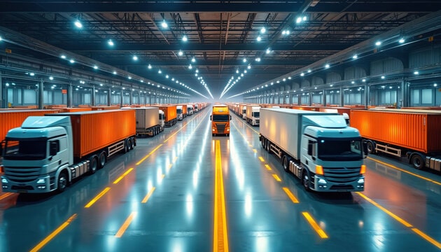 Busy cross-docking facility with trucks and cargo